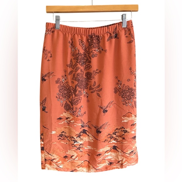 NWT PLEIONE Crane Print Pull on Slip Skirt Y2K Terracotta XS - Picture 1 of 12